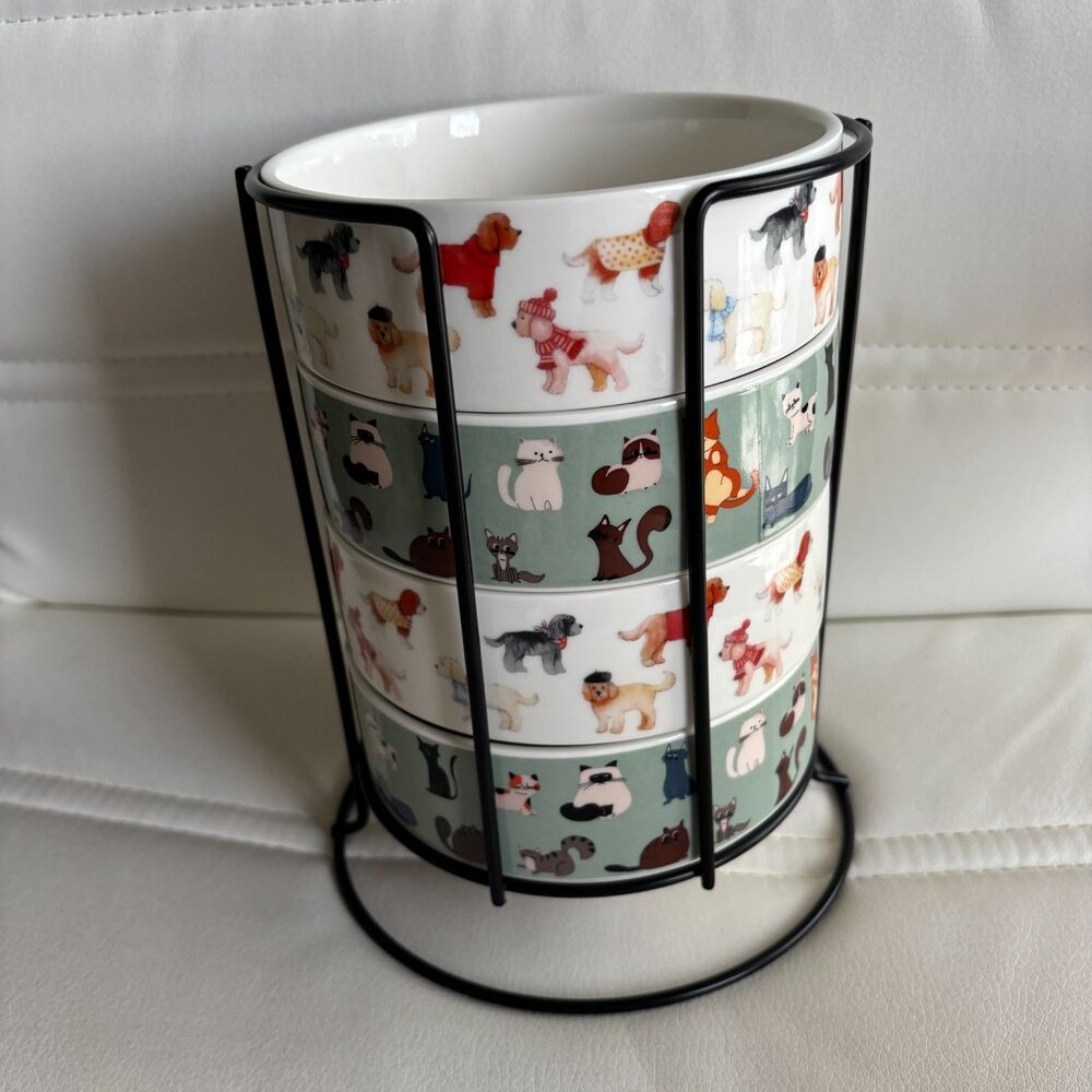 Set of 4 Ceramic Soup/Cereal Bowls Dog/Cat Design W/ Black Metal Stacking Stand